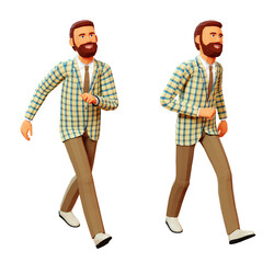 A smiling 3D man strides confidently, dressed in a checkered jacket, brown trousers, and white shoes. Happy walking bearded cartoon man