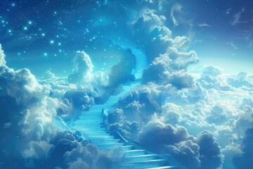 Fototapeta na wymiar An abstract image of a staircase twisting up into the sky, merging with clouds and stars. It represents a journey into the unknown realm of thought. by AI generated image