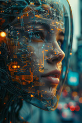 A close-up portrait of a female android with a transparent face showcasing intricate circuitry and glowing orange cybernetic elements