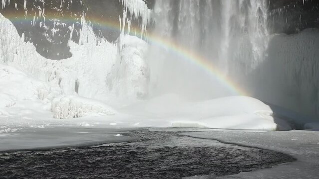 Iceland landscape, Frozen waterfall in winter, a magical winter location of water and ice, Pure turquoise water, glacial river with a huge current.
