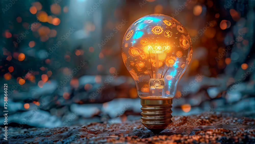 Poster conceptual lightbulb with moving gears as a symbol of an idea on dark background