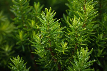 Fototapeta premium Morning dew on the dark green needles of a dense plant