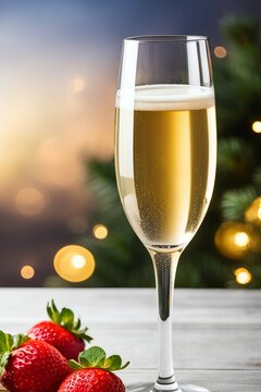 An elegant flute of sparkling champagne with fine bubbles, some strawberries on the rim, and a blurred festive background, champan, champanhe, champagner, image 