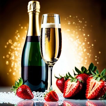 An elegant flute of sparkling champagne with fine bubbles, some strawberries on the rim, and a blurred festive background, champan, champanhe, champagner, image 