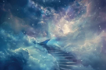 Fotobehang An abstract image of a staircase twisting up into the sky, merging with clouds and stars. It represents a journey into the unknown realm of thought. by AI generated image © chartchai