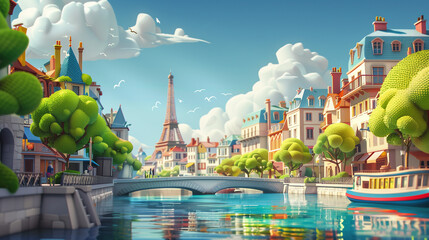 abstract panorama of paris, france, ludic scene, colorfull illustration