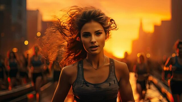 Young beautiful woman run in the competition marathon people running in the city. Healthy lifestyle and sport concept