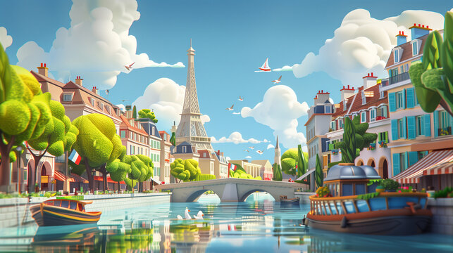 abstract panorama of paris, france, ludic scene, colorfull illustration