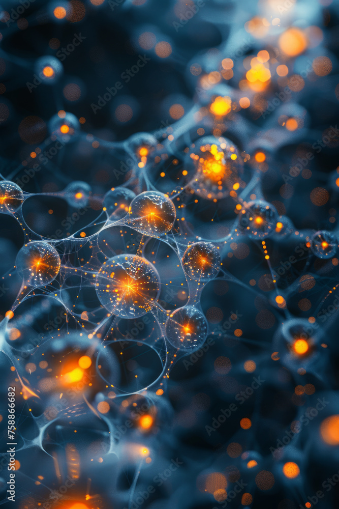 Poster digital illustration of a complex network of interconnected nodes and lines, with a deep blue backgr