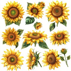 Clip art illustration with various types of  sunflower 
on a white background.