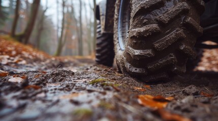 Fototapeta na wymiar Off-Road Tire on Muddy Forest Path