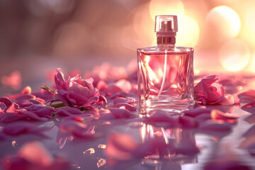 Obraz na płótnie Canvas Perfume bottle with rose flower petals around and sunlight
