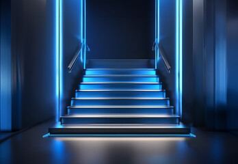 Empty silver metallic stairs with blue neon gradient background