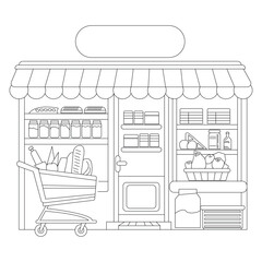 Grocery shop or store, supermarket vector icon. Grocery silhouettes. Thin line icon.