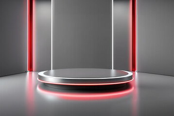 Empty silver metallic podium with red neon gradient background.