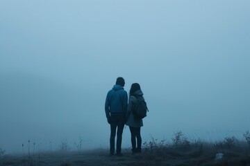 Couple standing by each other in the fog, romantic dark natural scene