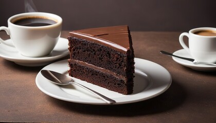 A slice of chocolate cake and a cup of coffee