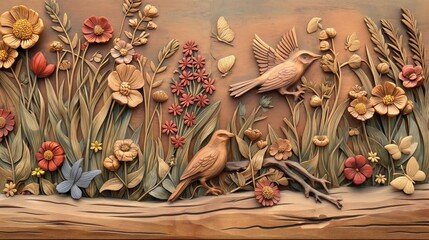 Obraz ptaków i kwiatów wystrugany z drewna ku czci wiosny - obrazy, fototapety, plakaty