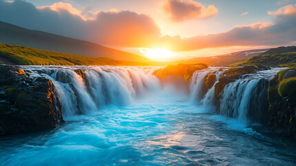 Spectacular summer view of Bruarfoss Waterfall, secluded spot with cascading blue waters. Superb sunrise in Iceland, Europe. Generative AI - obrazy, fototapety, plakaty