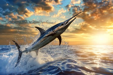 Blue Marlin fish jumps out of the ocean water. - obrazy, fototapety, plakaty