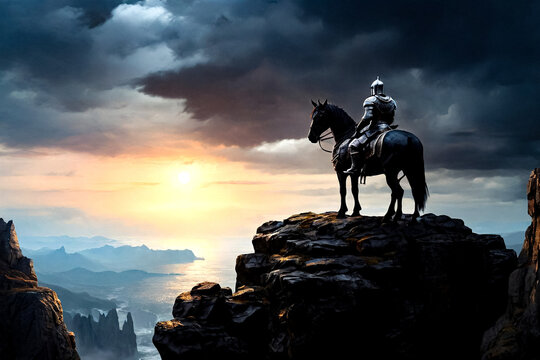 Black knight on horse standing on dark rock in night mountains, abstract mistical backgrounds, digital art style picture, painting. Fairy tale concept. Copy ad text space. Generative Ai illustration