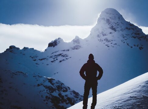 Silhouette of a person on the top of a snowy mountain