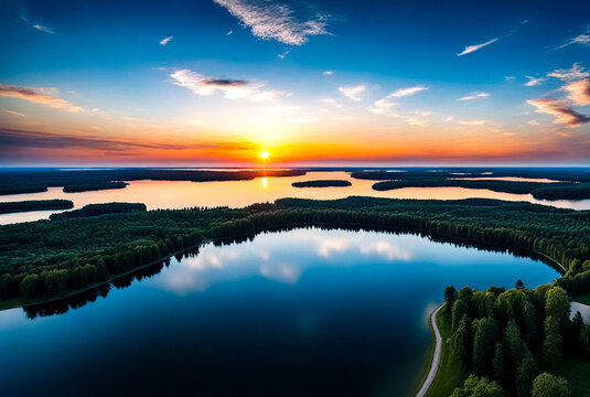 View from flying drone of amazing evening sunset scenery, skyline nature background. Unbelievable summer sunrise, top view. Landscapes rivers concept. Copy ad text space. Generative Ai illustration