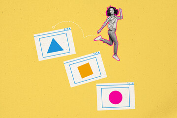 Creative image photo collage young cheerful girl dance internet web windows interface computer app geometric figures yellow background - Powered by Adobe