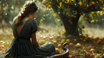 An atmospheric portrayal of Eve in the Garden of Eden, gazing contemplatively at the serpent amidst fallen apples. - obrazy, fototapety, plakaty