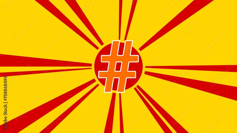 Poster hash symbol on the background of animation from moving rays of the sun. large orange symbol increase