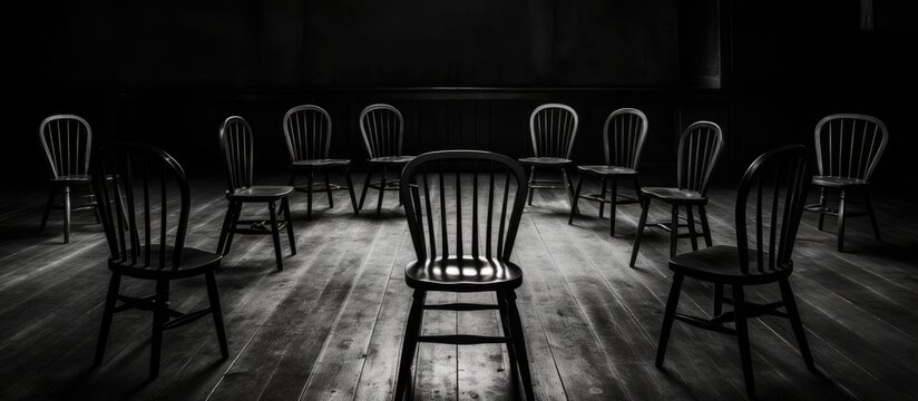 Wooden chairs arranged in a room in monochrome style.