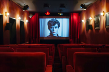Cinema auditorium with red chairs and screen. Retro movie theater.