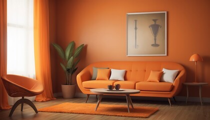 Fototapeta na wymiar Orange cushion on a sofa retro interior design