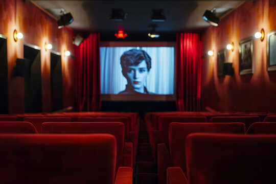 Cinema auditorium with red chairs and screen. Retro movie theater. - Powered by Adobe