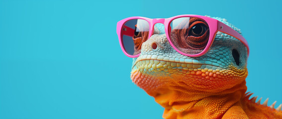 a lizard with sunglasses in blue space, in the style of vibrant color-blocking, 32k uhd, post-internet aesthetics, pink and amber, heatwave, vibrant colours