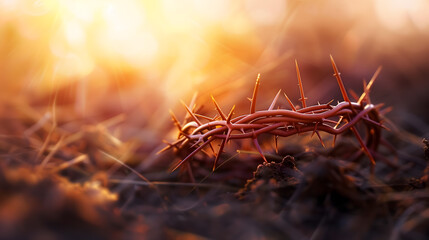 A crown of thorns lying on the ground, sunset light. Good Friday design concept 