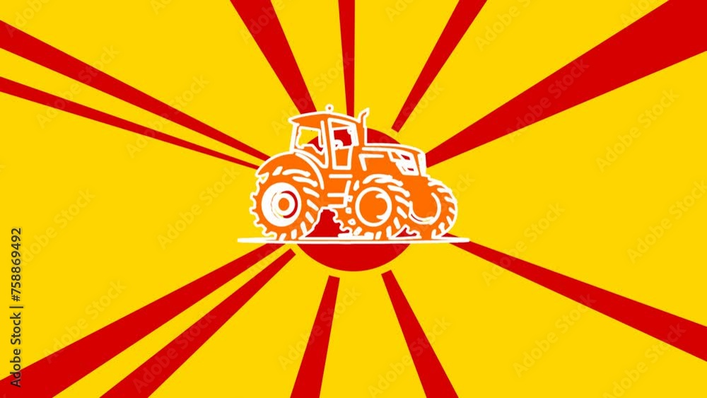 Aufkleber tractor symbol on the background of animation from moving rays of the sun. large orange symbol incre