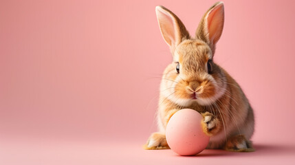 A happy white Easter bunny with pink Easter egg on the pink background. Easter design concept with copy space