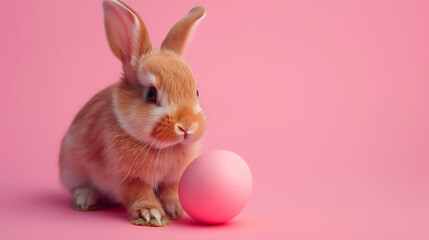 A happy white Easter bunny with pink Easter egg on the pink background. Easter design concept with copy space