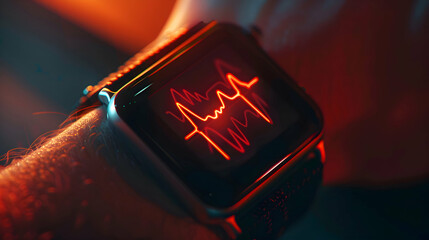 A man's wrist wearing a smartwatch, displaying a vibrant red heart rate waveform. The waveform glows against the dark screen of the watch, highlighting its intricate patterns.
