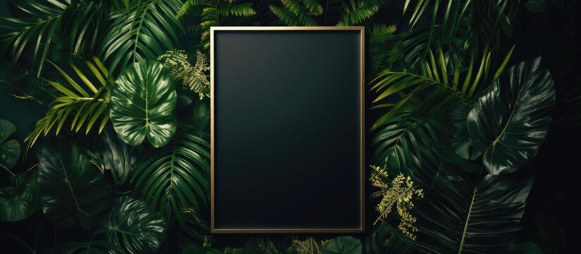 Dark luxury A4 size vertical photo frame mockup background with green leaves.