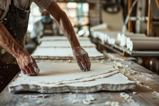 Artisan handling paper during the papermaking process.