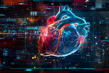 Illustration of an artistic interpretation of a healthy heart MRI, with vibrant colors delineating different heart sections and flows, displayed on a futuristic digital interface.