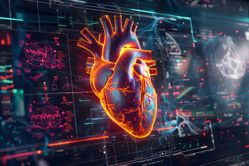 Illustration of an artistic interpretation of a healthy heart MRI, with vibrant colors delineating different heart sections and flows, displayed on a futuristic digital interface. - obrazy, fototapety, plakaty