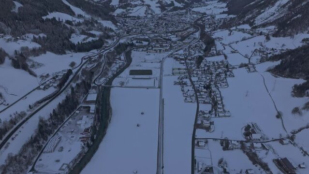Aerial view of snow covered roof tops at Schladming, Steiermark, Austria