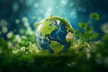 Obraz na płótnie Canvas A fantasy Earth globe blooms with greenery and flowers, glowing with life for Earth Day.