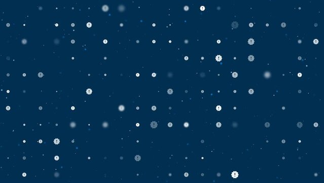 Template animation of evenly spaced warning symbols of different sizes and opacity. Animation of transparency and size. Seamless looped 4k animation on dark blue background with stars