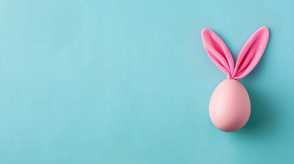 A pink Easter egg with bunny ears on a blue background. Easter design concept with copy space