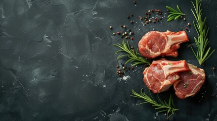 Raw lamb chops on wooden cutting board with herbs.