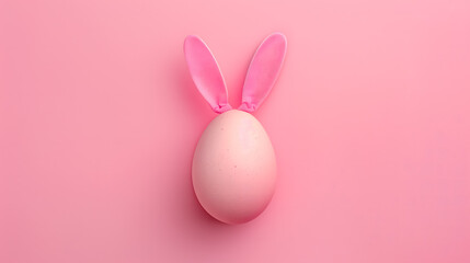 Naklejka na ściany i meble A pink Easter egg with bunny ears on a pink background. Easter design concept with copy space